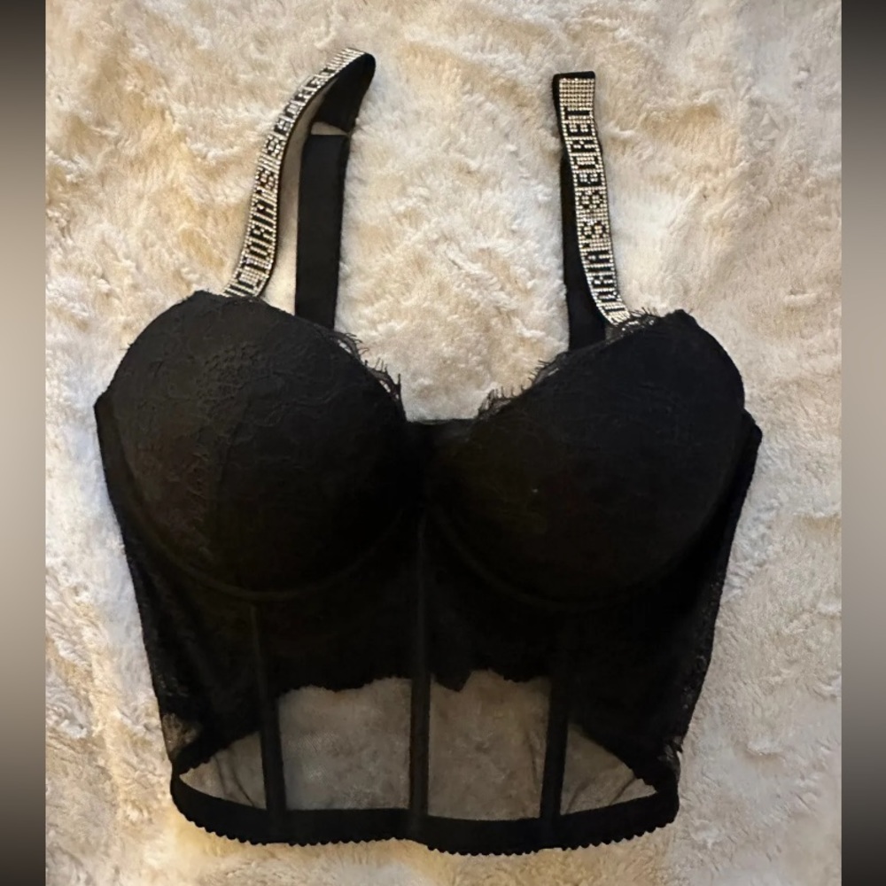 Victoria's Secret Lacy Bra Corset Rhinestone Straps Unused 34D or 36C or 32DD